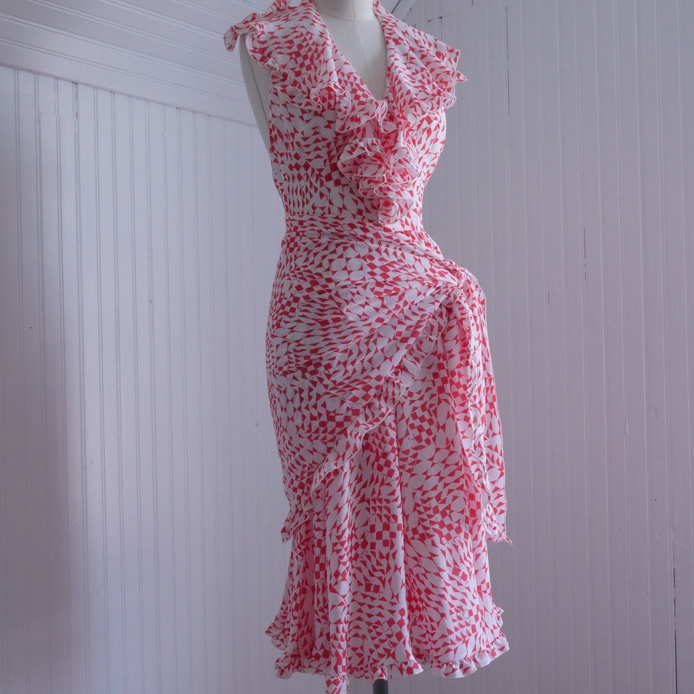 Gorgeous vintage 70s Albert Capraro geometric print chiffon halter dress